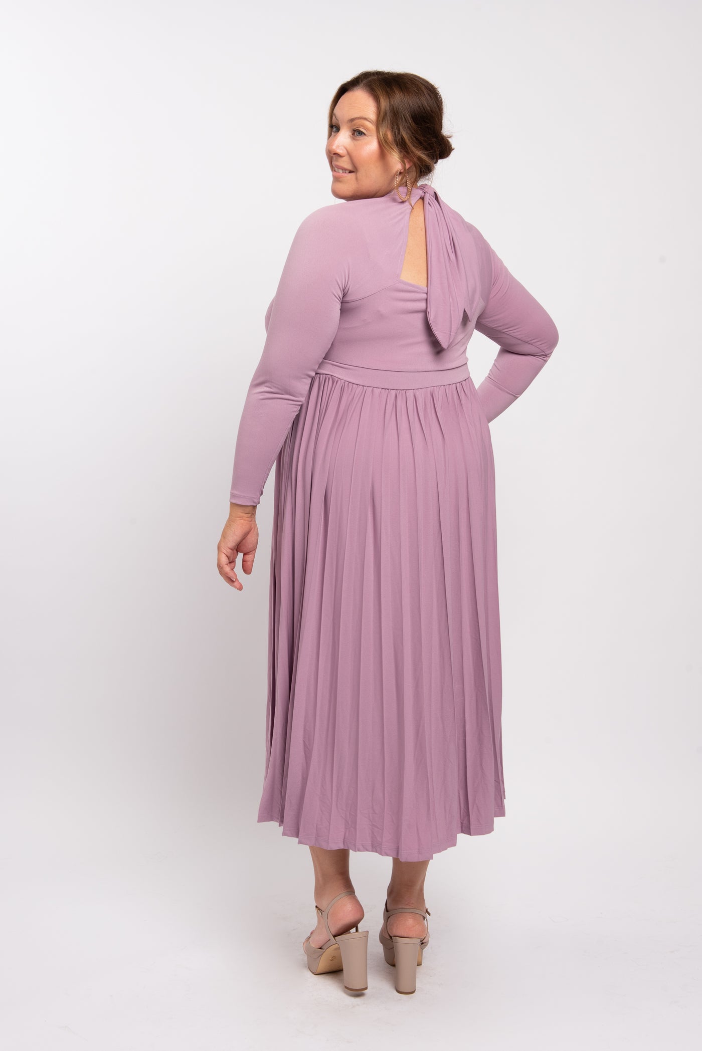 Draped Bodice Dress With Pleated Skirt - Purple